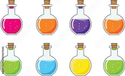 Magic potion glass bottle set with colourful liquid, alchemy elixir icons on white background, vector