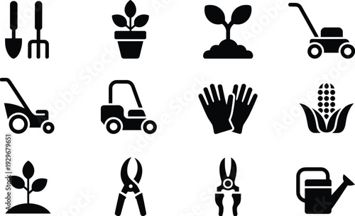Black gardening and agriculture icons set with tools, plants, lawn mower, gloves and watering can isolated on light background