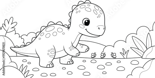 a charming black and white illustration depicts a cute baby dinosaur walking amidst plants and pebbles on the ground high quality