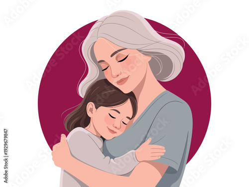 Heartwarming illustration of grandmother hugging young girl in front of red circle background