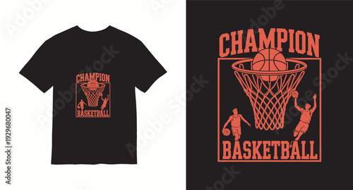 Basketball champion t-shirt design with player dunking ball into hoop in retro style