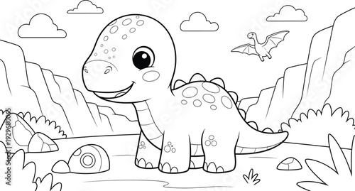 a delightful coloring page showcasing a cute baby dinosaur with a pterodactyl flying amongst clouds and prehistoric landscape elements high quality