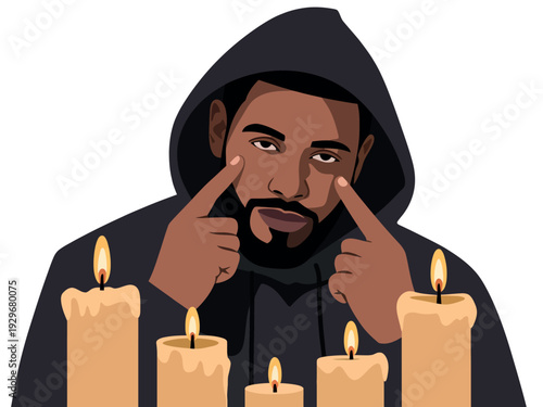Man in black hoodie surrounded by lit candles, mystical atmosphere, eerie ambiance