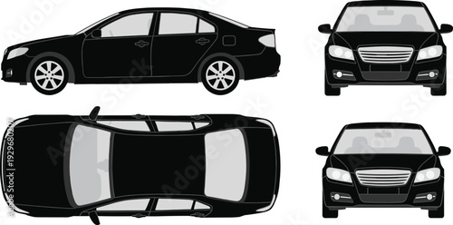 Black sedan car vector set with side, front and top views, modern vehicle illustration isolated, automotive design template for transport branding use