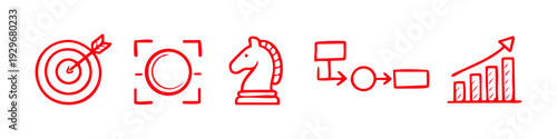 Set of red hand-drawn business icons including target, chess knight, focus, flowchart, and growth chart. Strategy and marketing concept doodles.