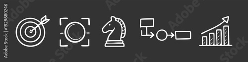 Hand-drawn business strategy icons on dark background featuring target, chess knight, flow chart, and growth bar graph.
