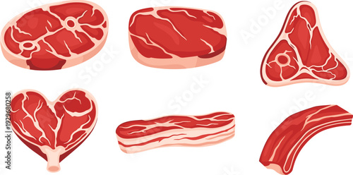 Fresh raw beef steak set with marble texture, meat cuts for barbecue, vector illustration