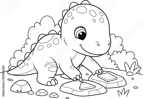 a charming black and white illustration depicts a cute baby dinosaur playing with blocks on a grassy surface high quality professional
