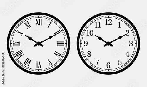 Set of Two Analog Clock Faces with Serif Roman Numerals and Arabic Numbers for Elegant Timekeeping and Classic Interior Design