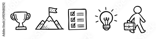 Set of hand-drawn business icons including a trophy, mountain goal, checklist, lightbulb, and professional person. Sketch style for success concepts.