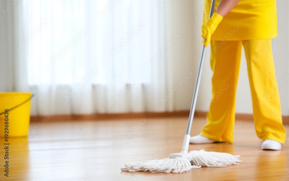 Fototapeta premium Housekeeper Cleaning Room with Mop and Bucket in Bright Interior