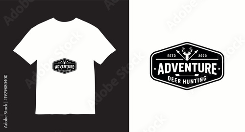 Deer hunting adventure badge design with buck head and arrows for t shirt print