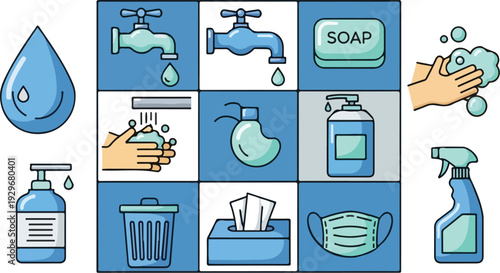 Hands washing with soap and sanitizer in public health guidelines