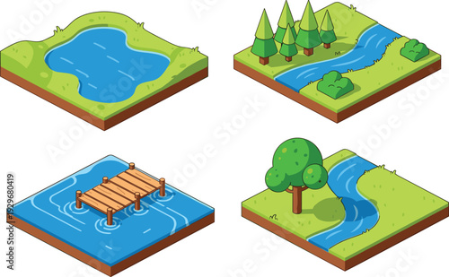 Isometric nature landscape vector tiles with pond, river, forest trees, and wooden dock,