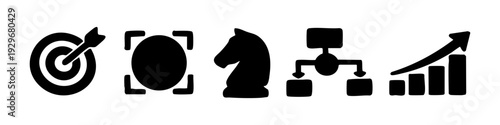 Set of black business strategy icons including target, focus, chess knight, flowchart, and growth chart, isolated on white background.