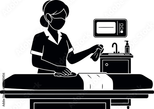 Medical Healthcare Worker Cleaning Examination Table in Clinic; Nurse Sanitizing Patient Bed with Disinfectant Wipe; Professional Hospital Sanitation and Infection Control Silhouette.