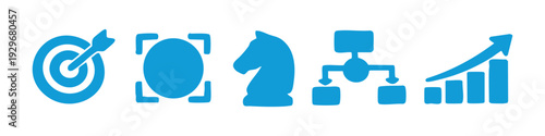 Set of light blue business and strategy icons: target, focus, chess knight, flowchart, and growth graph on white background.