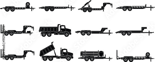 Collection of black industrial trailer and dump truck silhouettes isolated on white background for heavy hauling, construction logistics, commercial transport fleet, and freight icons