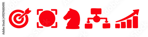 Set of five red business strategy icons including a target, focus point, chess knight, flowchart, and growth graph isolated on a white background.