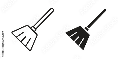 Broom icons vector glyph and thin line. Black icons