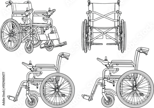 Detailed black and white line drawing collection of modern electric wheelchairs from different angles isolated on white for medical mobility, disability accessibility, and healthcare