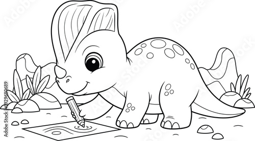 a charming cartoon triceratops diligently drawing on a piece of paper surrounded by playful vegetation and rocks high quality professional detailed