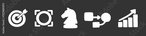 Set of hand-drawn white business strategy icons including target, focus, chess knight, process flow, and growth chart on a dark background.