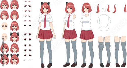 Anime school girl character creation kit with various facial expressions, hairstyles, and school uniform,