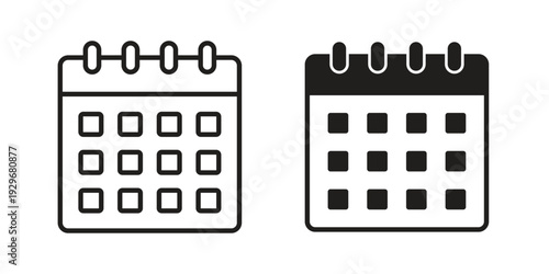 Calendar icons vector glyph and thin line. Black icons