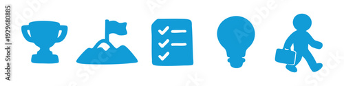 Set of blue hand-drawn business icons representing success, goals, planning, ideas, and career growth on a white background.