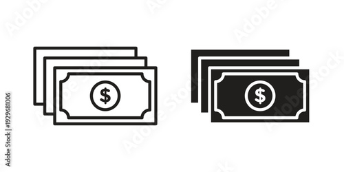 Cash icons vector glyph and thin line. Black icons