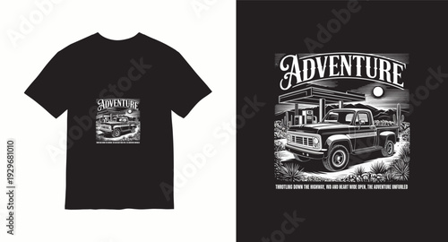 Vintage pickup truck adventure scene at gas station with desert landscape for t shirt