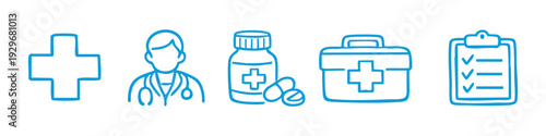 Set of blue hand-drawn medical icons including a doctor, medicine bottle, first aid kit, and clipboard checklist on a white background.