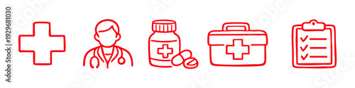 Set of red hand-drawn medical line icons featuring a doctor, pills, cross, first aid kit, and clipboard checklist on a white background.