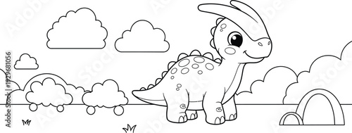a charming illustration depicts a cute baby parasaurolophus dinosaur standing amidst fluffy clouds a playful scene for children high quality professional