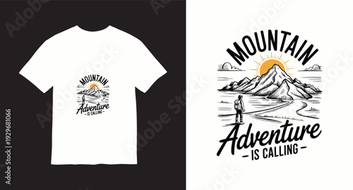 Mountain adventure is calling t-shirt design with hiker looking at peaks and sun