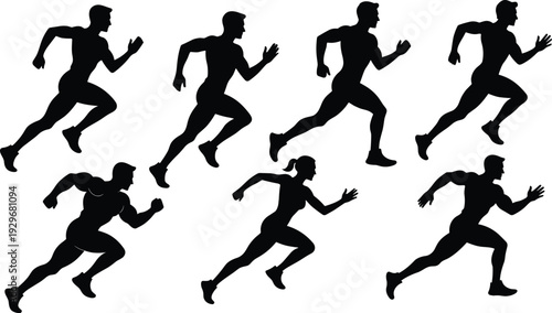 Black silhouettes of people running in different poses white background athletes