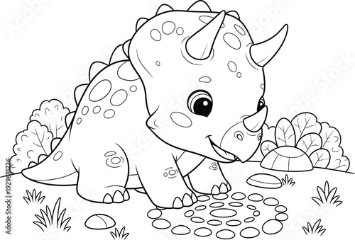 a charming illustration depicts a young triceratops dinosaur foraging amidst lush greenery and scattered stones perfect for coloring high quality professional