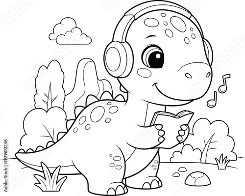a charming illustration depicts a cute dinosaur wearing headphones and enjoying music in a peaceful outdoor setting with plants and clouds