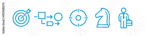 Blue line icons set representing business strategy, planning, and achievement with target, flowchart, chess piece, and professional person.