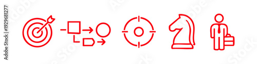 Set of red business strategy line icons including target, flowchart, crosshair, chess knight, and businessman isolated on a white background.