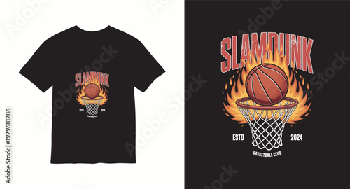 Slam dunk basketball flaming hoop t-shirt design basketball club vintage illustration
