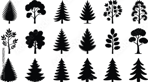 Collection of tree silhouettes featuring pine, fir and deciduous forest shapes isolated on white background