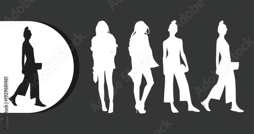 Confident businesswomen walking with briefcases in modern office attire