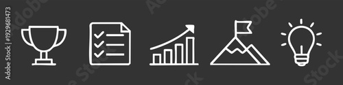 White hand-drawn business icons on a dark background representing success, planning, growth, goals, and ideas.