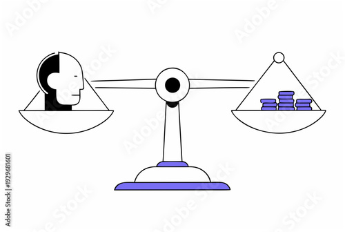 AI head and money on a weighing scale representing outcome-based pricing. Artificial intelligence agent concept. Vector illustration for business design