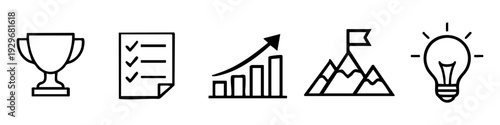 Collection of hand-drawn business and success icons including a trophy, checklist, growth chart, mountain peak with flag, and a light bulb idea.
