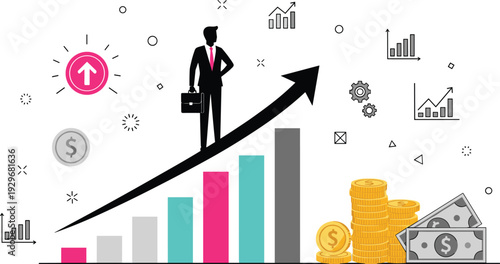 Businessman standing on upward trending graph with money and growth symbols