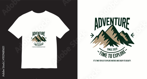 Adventure mountains landscape with text adventure time to explore since 2024 outdoor theme