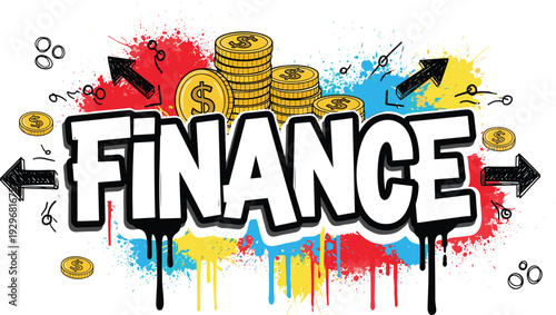Colorful Graffiti Style Finance Word with Coins and Arrows